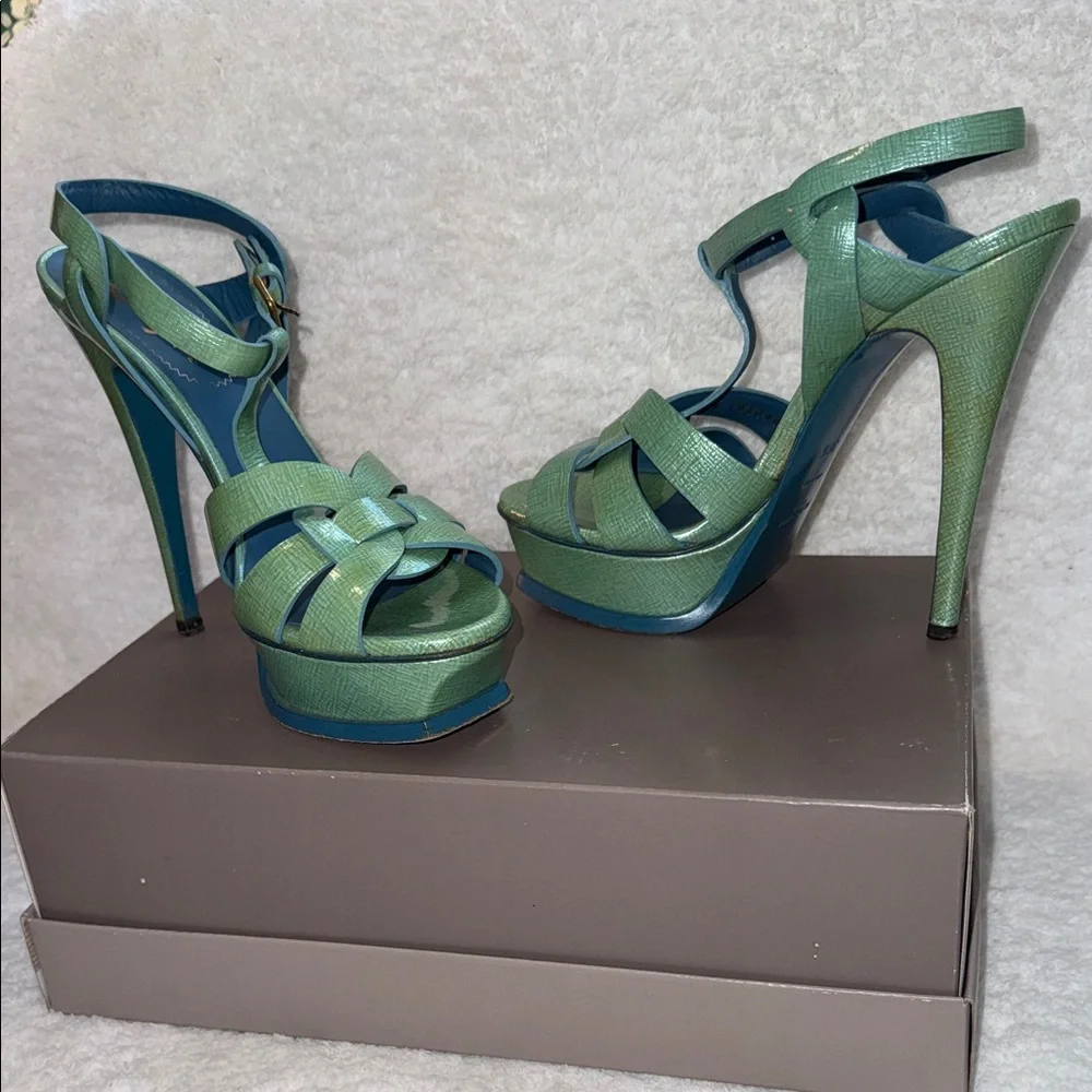 YSL Yves Saint Laurent Tribute Green Lizard Embossed Platform Heels Sandals 36.5